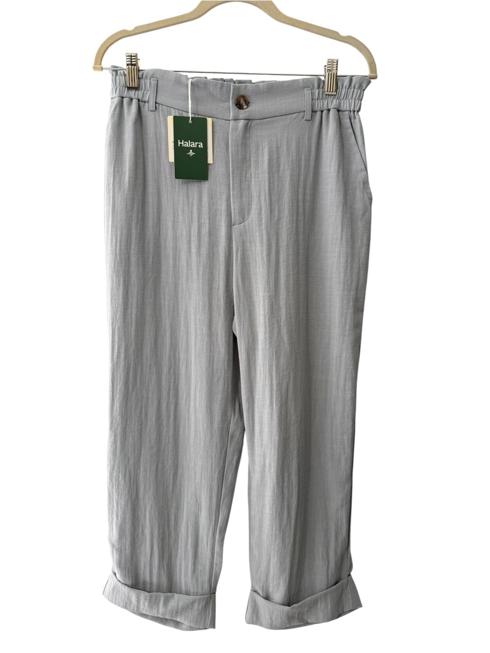 Halara Linen-Feel Cropped Pants High Waisted Gray Sage Size Medium NWT